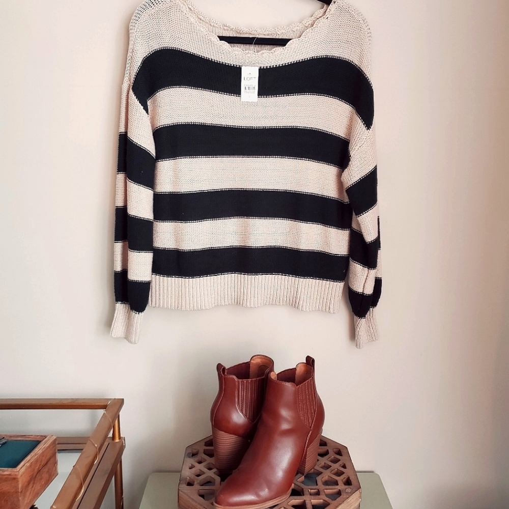 LOFT Scalloped Neck Striped Sweater